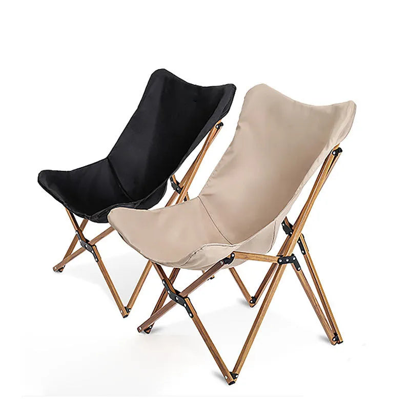 Folding camping chair with wood grain aluminium frame, rotating seat, and handrails in khaki colour