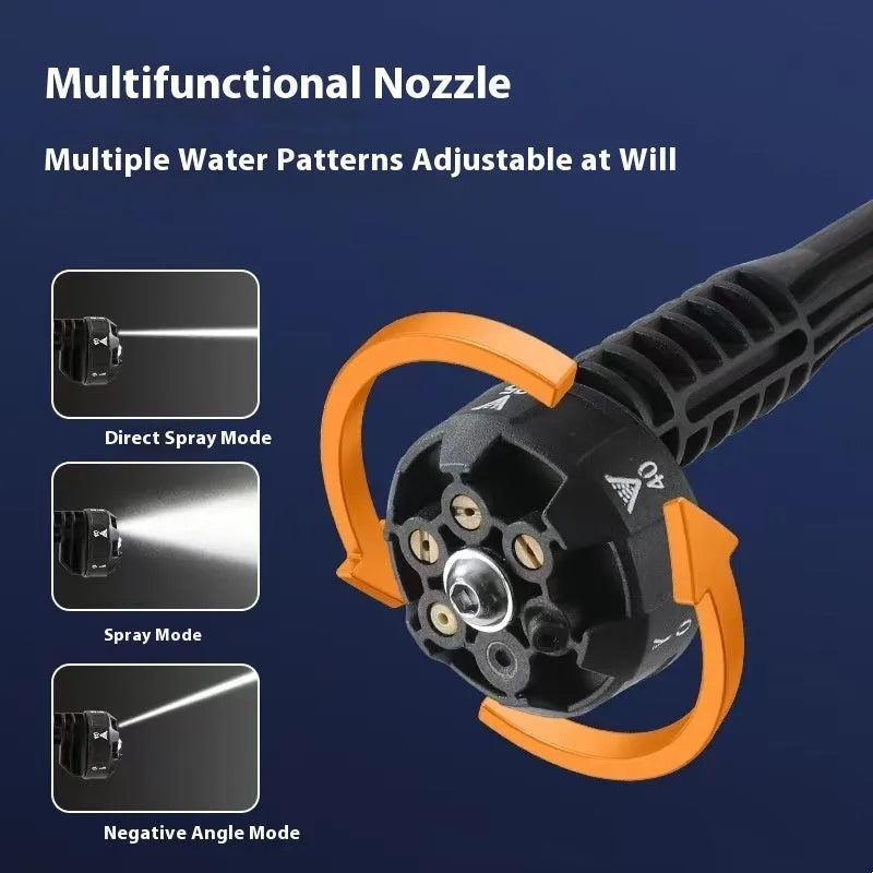 Green wireless high-pressure water gun with six nozzle attachments for outdoor cleaning