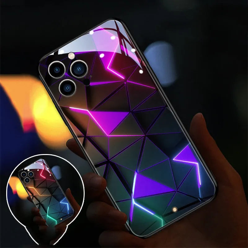 Xpress 14 iPhone case with illuminated diamond-grid pattern lighting up on a dark background.