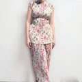 Long sleeve printed chiffon dress with matching high waist skirt in floral pattern