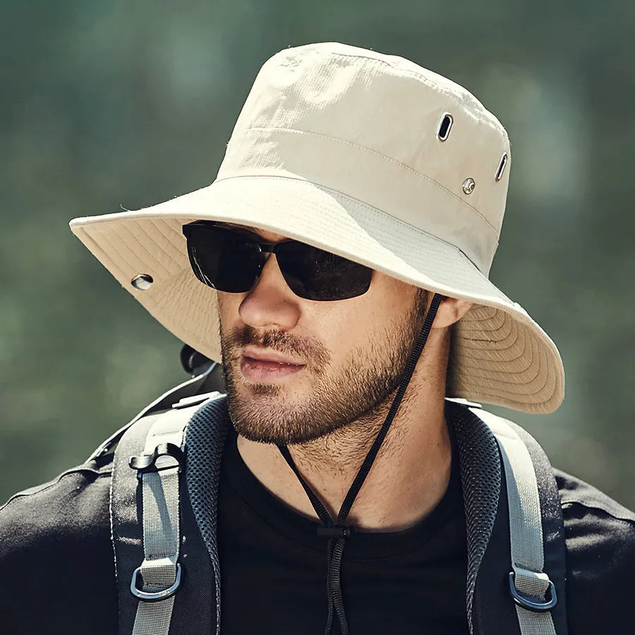 Men's big brim sun protection hat in khaki polyester fabric with dome crown, adult free size 58-60cm