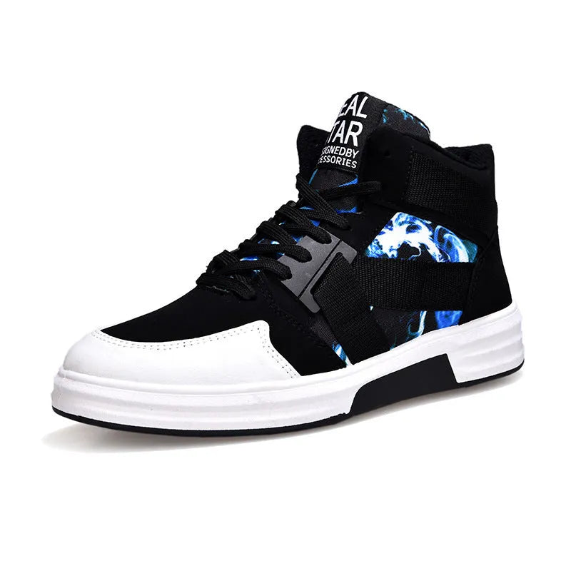 Camouflage high-top lace-up shoes with suede leather upper and non-slip rubber sole, available in black blue, black red, and black white.