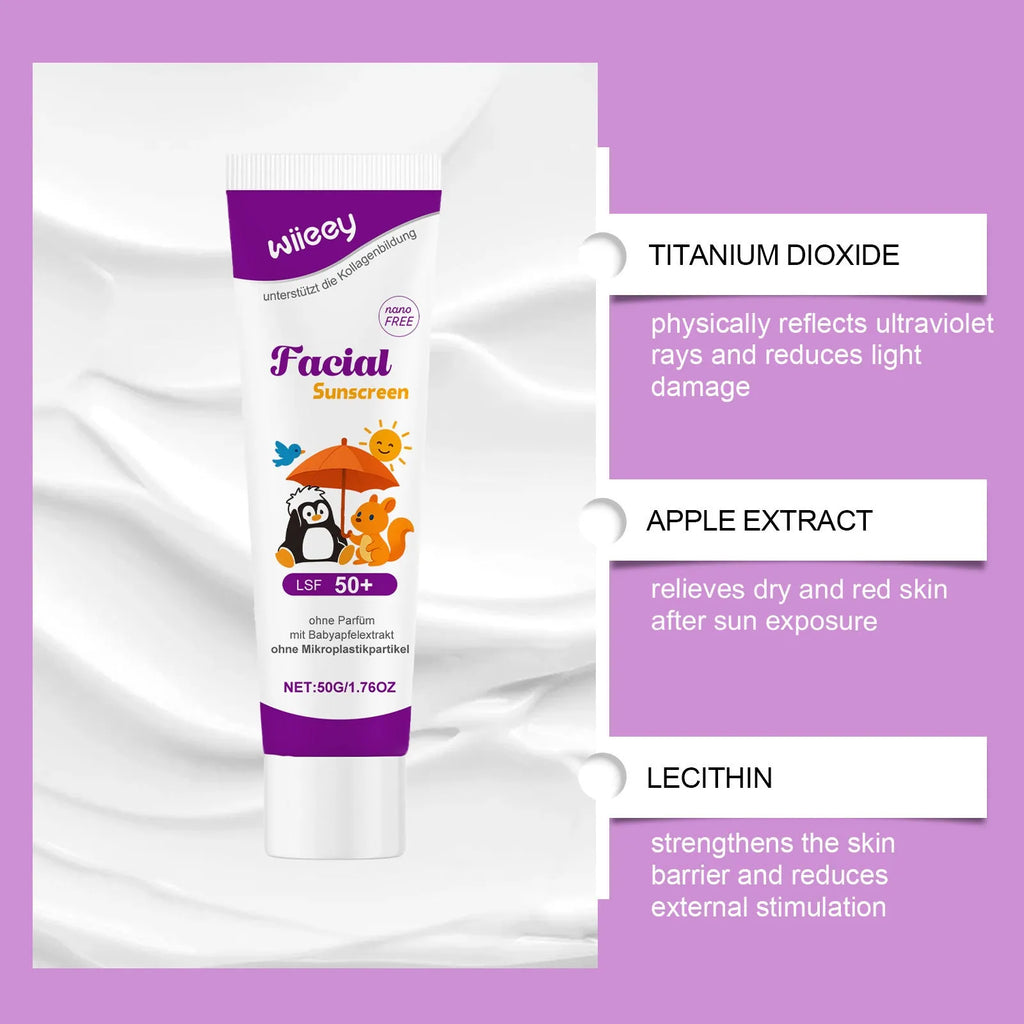 50g tube of SPF 50+ sunscreen cream with titanium dioxide for daily summer protection.