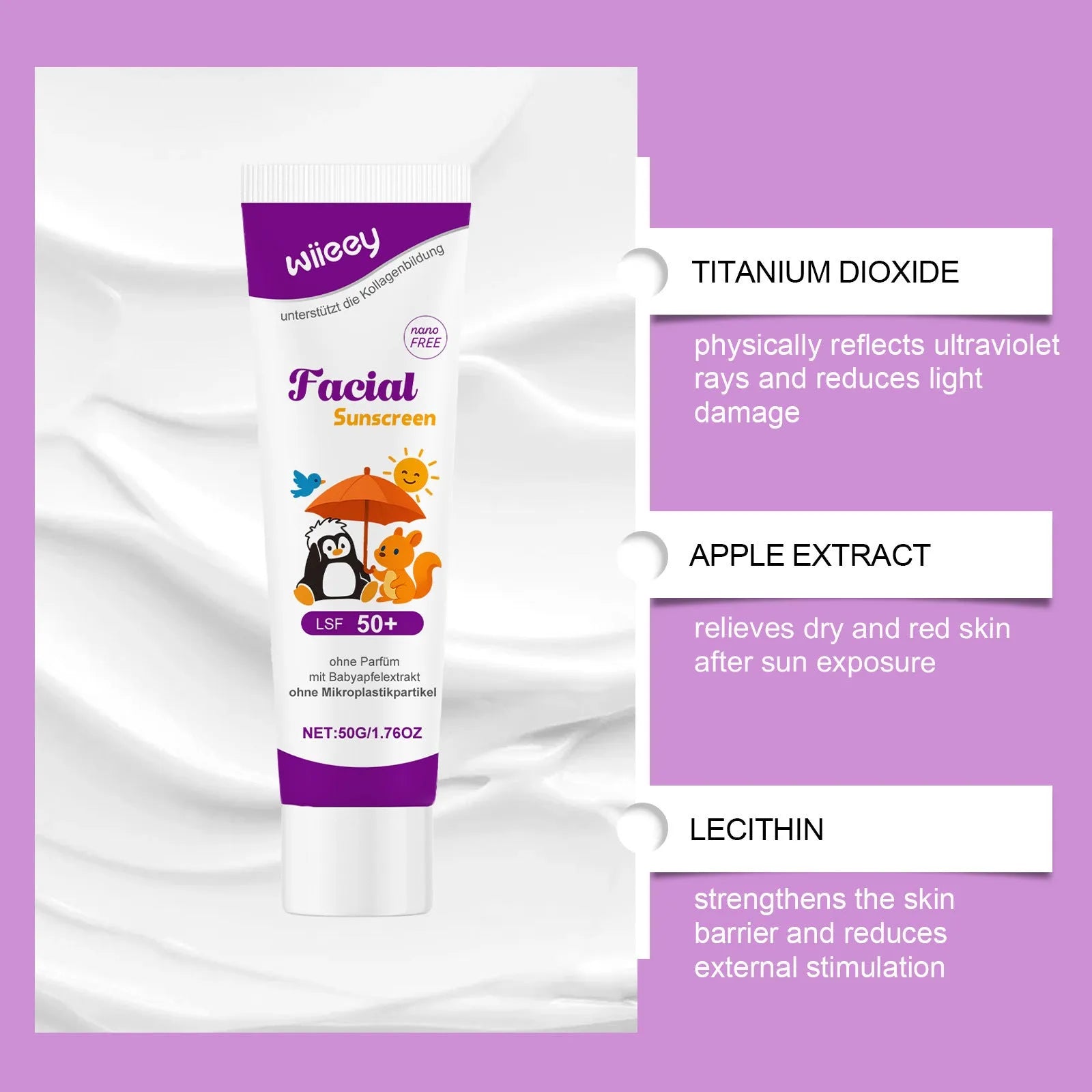 50g tube of SPF 50+ sunscreen cream with titanium dioxide for daily summer protection.
