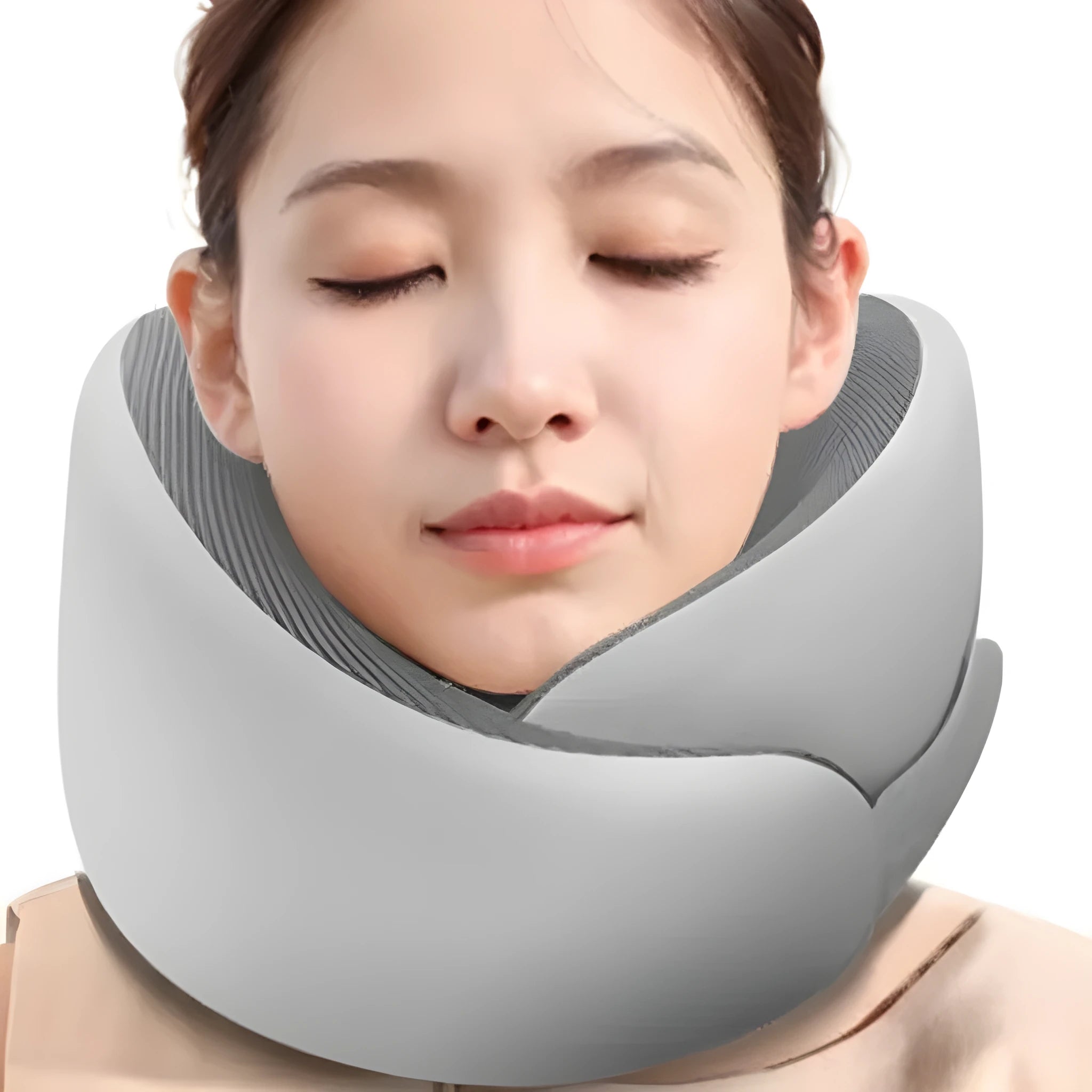 Light grey memory foam U-shaped neck pillow with a removable magnetic cloth cover