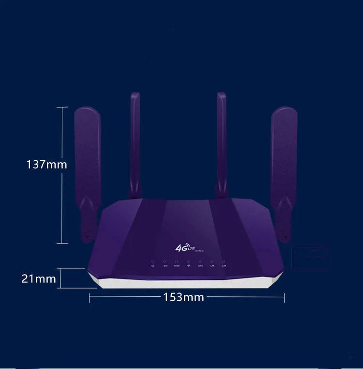 Blue 4G and wired dual-mode internet router with four external adjustable antennas.