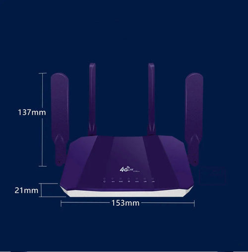 Blue 4G and wired dual-mode internet router with four external adjustable antennas.