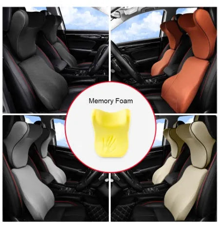Grey car headrest and lumbar support memory foam cushion set with breathable fabric cover