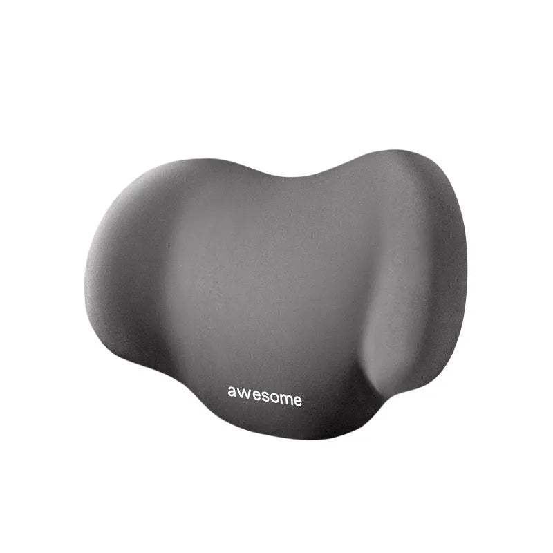 Grey geometric-patterned memory foam car headrest pillow and lumbar support pillow on a car seat.