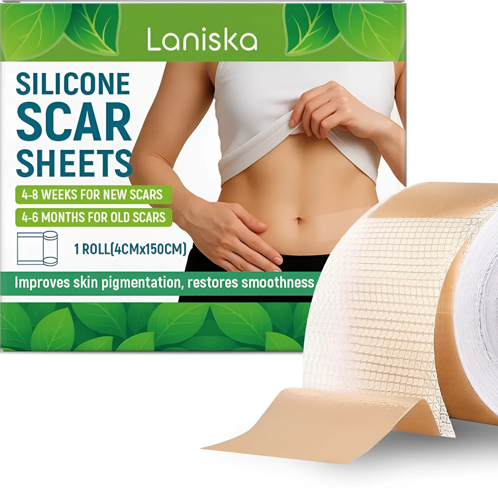 Roll of clear self-adhesive silicone scar sheets measuring 4 cm wide, for scar management.