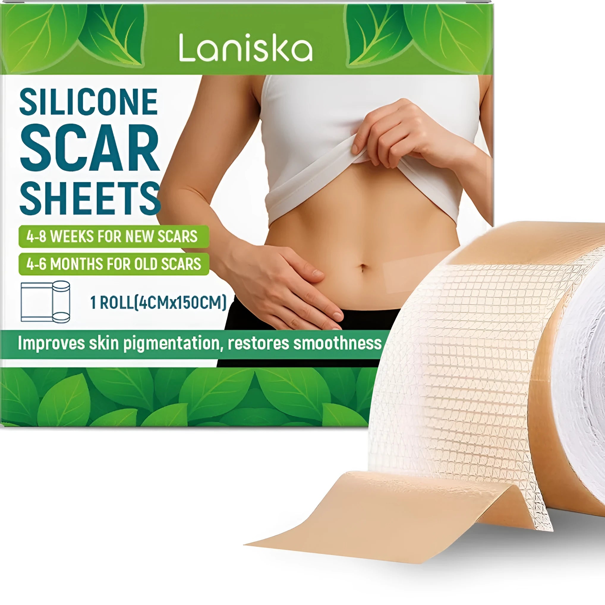 Roll of clear self-adhesive silicone scar sheets measuring 4 cm wide, for scar management.