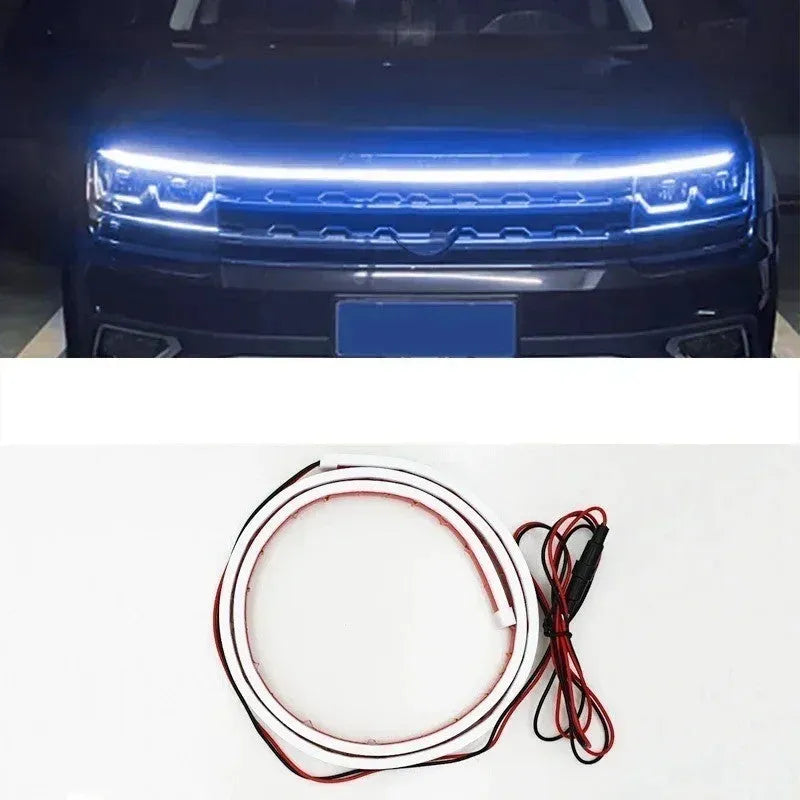 Flexible silicone LED daytime running light strip shown in white, red, and ice blue colours.