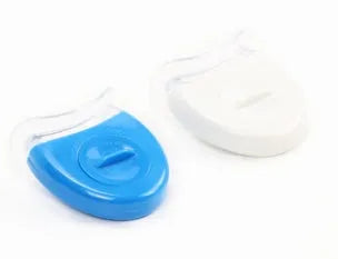 LED teeth whitening kit with wide edge tray and buckle denture system, available in blue, white, or red
