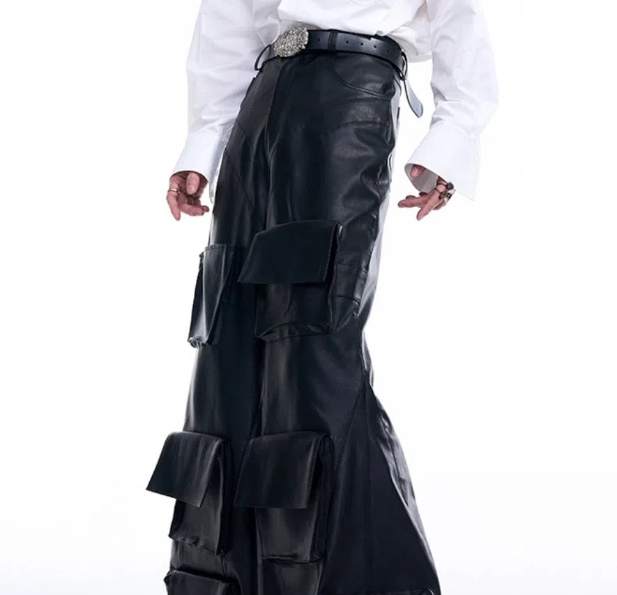Black wide leg leather pants with three-dimensional pockets, autumn Korean style, sizes S to XL