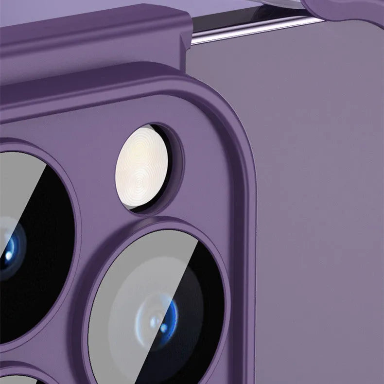 Corner-padded TPU mobile phone case for iPhone with integrated glass camera lens film in dark purple colour.