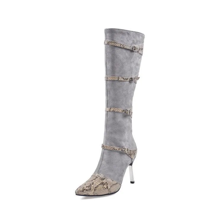 Women's knee-high high-heel boots in black or grey with a 9cm heel and velvet lining.