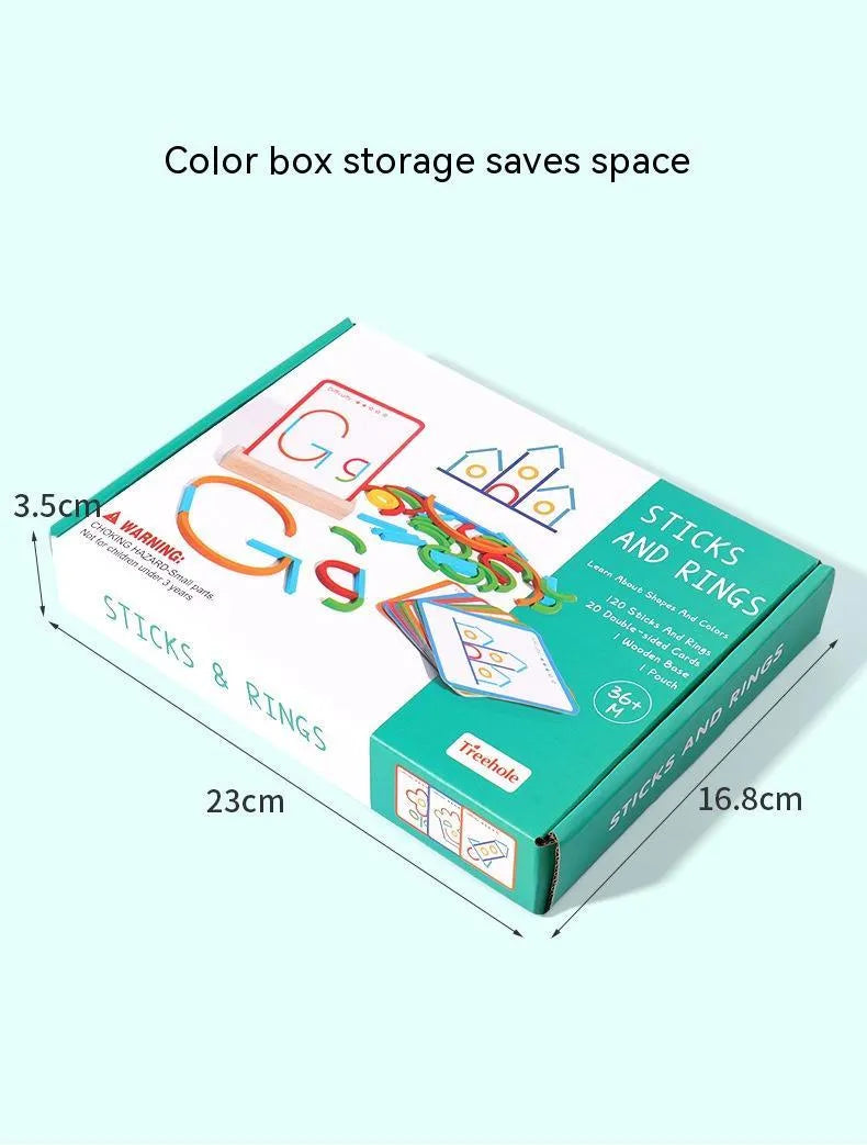 Children's wooden thinking training puzzle with creative stick and ring pieces on illustrated board, colour box packaging