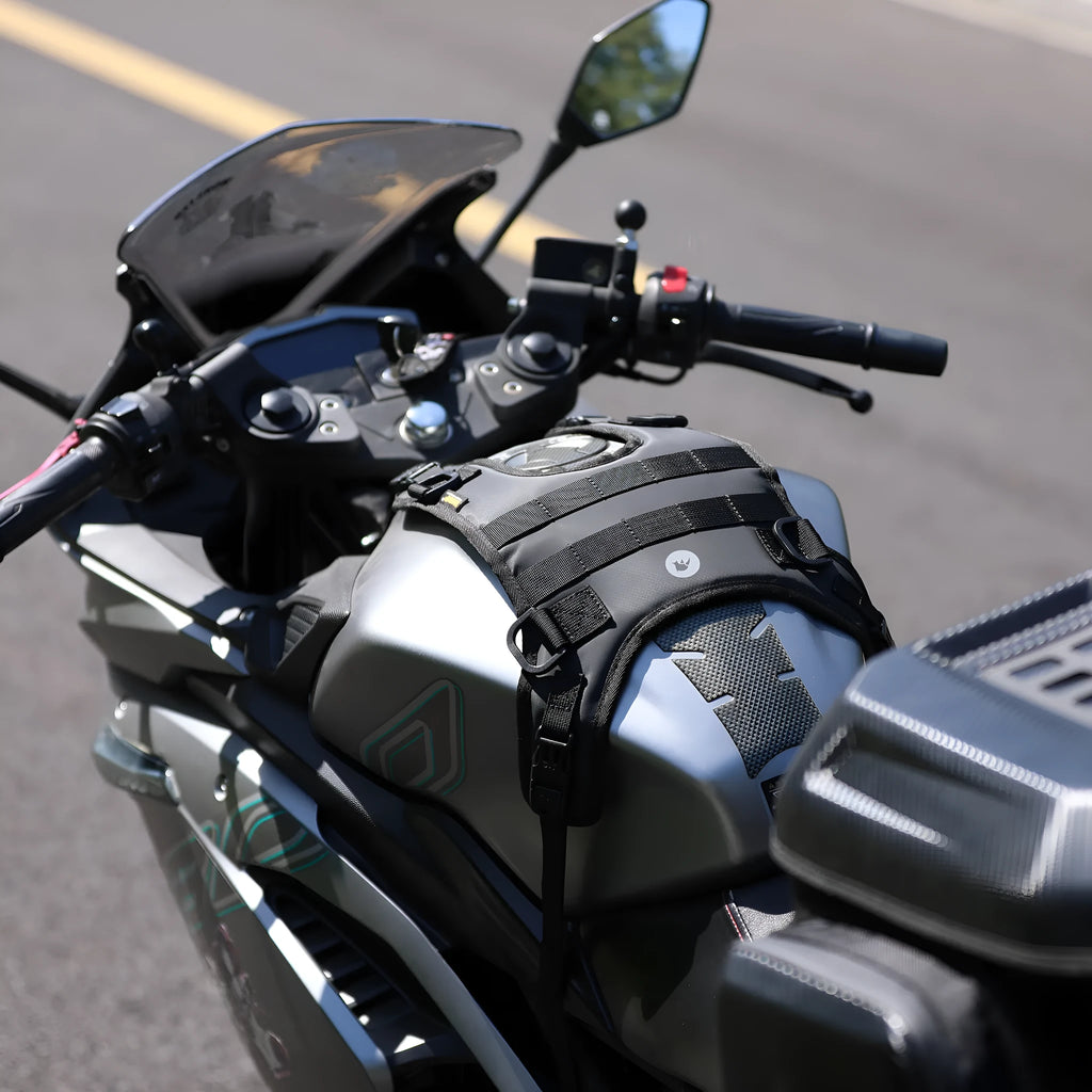 Polyester motorcycle fuel tank vest mount in MT001A colour with three black straps on a bike tank