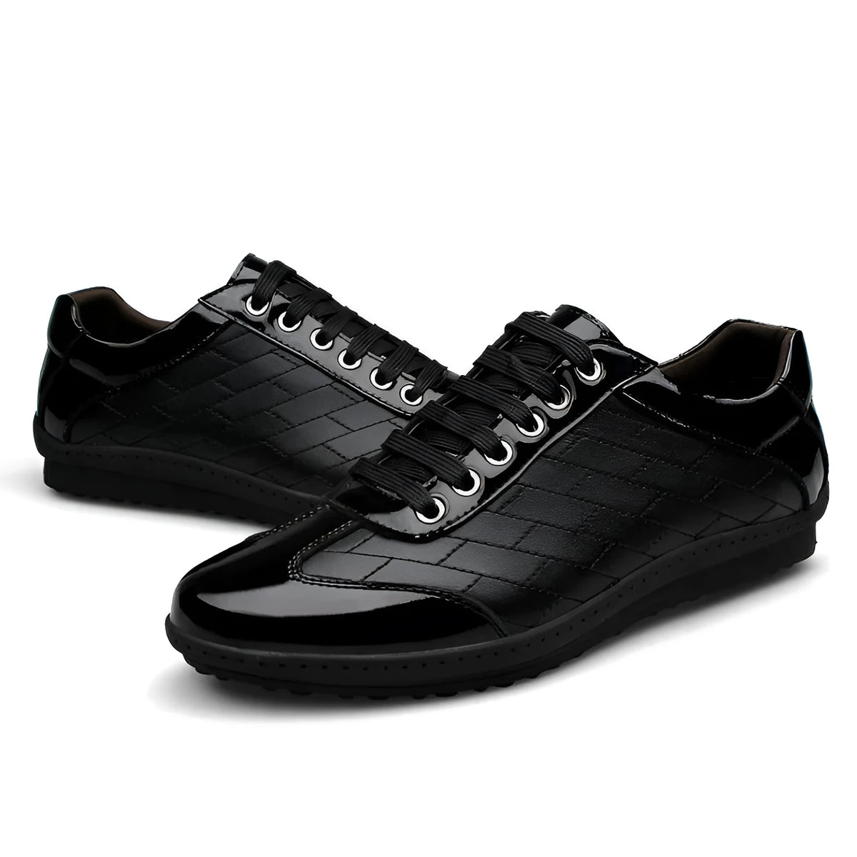 Genuine leather casual men's shoes in black with lace-up closure on a plain background