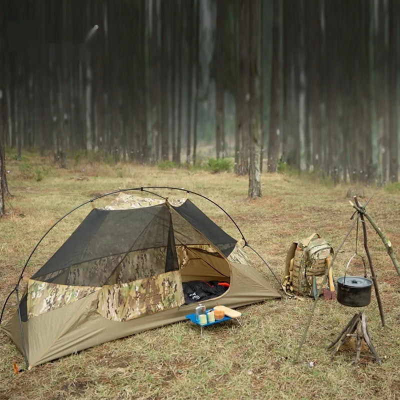 Single person military hiking tent in camouflage colour for four-season outdoor camping