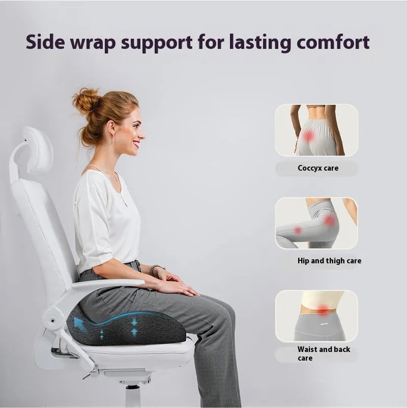 Light grey memory foam office chair cushion showing its 46x43 cm size and 12 cm thickness.