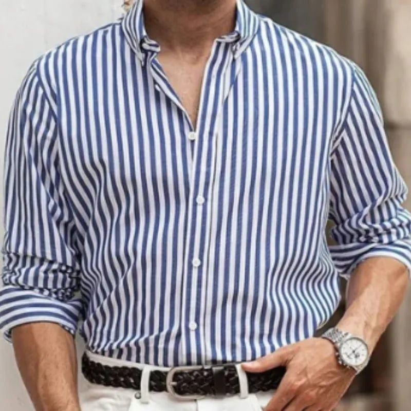 Men's loose fit striped button shirt in polyester fabric available in multiple colours