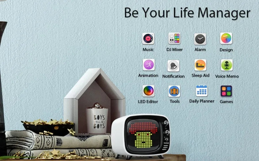 Compact rectangular Bluetooth speaker alarm clock with LED digital display showing time, in various colours.