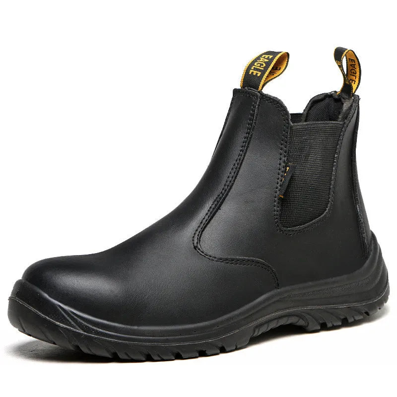 Black leather high-top safety work boots with anti-piercing sole on a work site background.