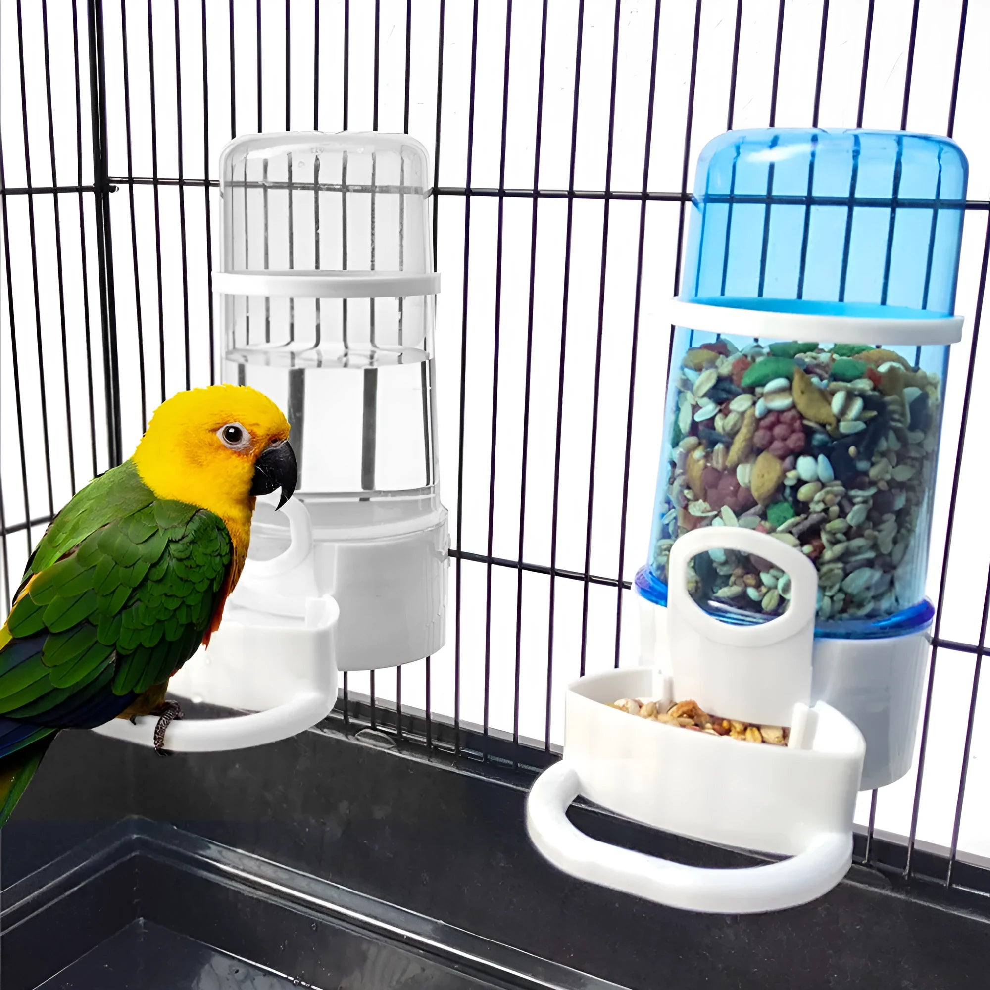 Blue edible bird water pipe with large PP bottle 7cm diameter 15cm height for cage with 1-1.5cm wire spacing