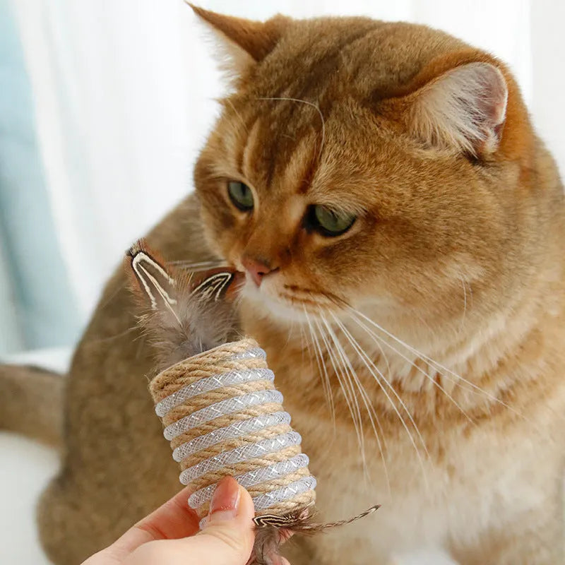 Beige cat toy with hemp rope texture, feathers, and a bell on a wooden roller for scratching and play.