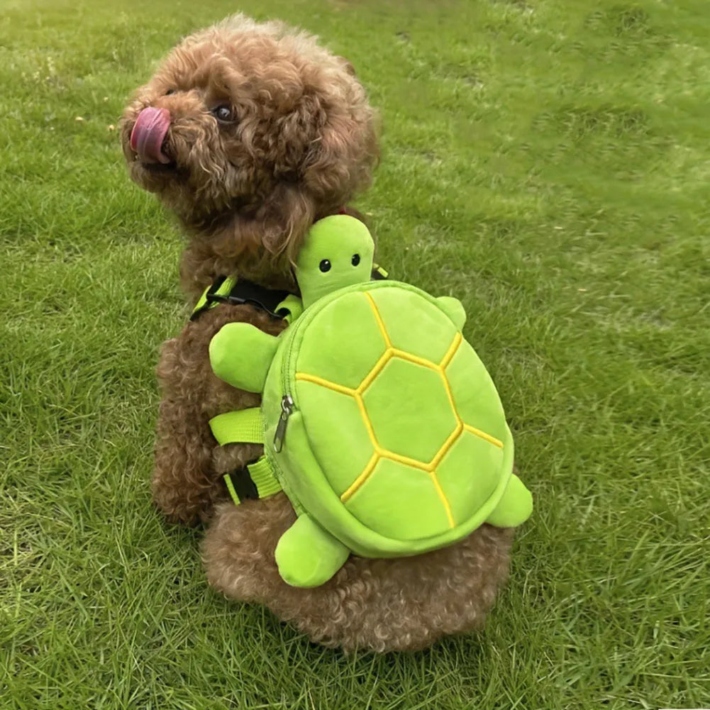 Turtle-shaped velvet dog backpack with integrated harness vest in brown colour.