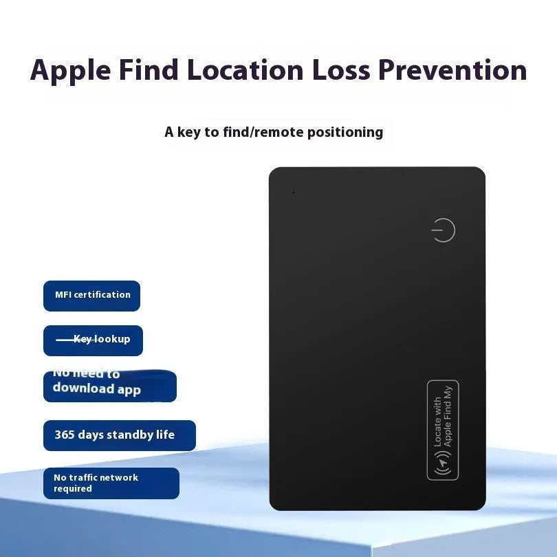 Black ultra-thin anti-loss card for Apple devices, shown next to a credit card for size comparison.