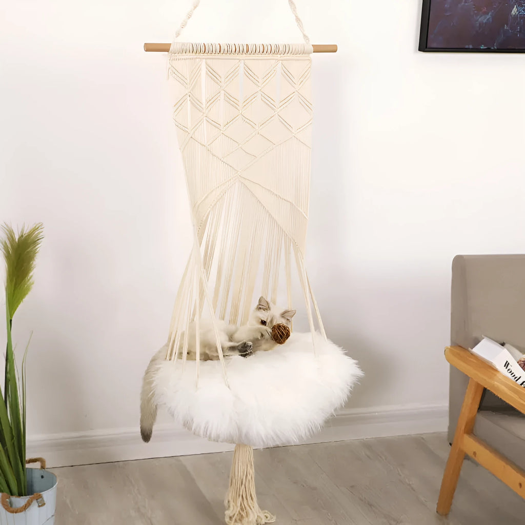 Handmade macrame cotton rope pet swing cage bed in rectangular plain European style for indoor use