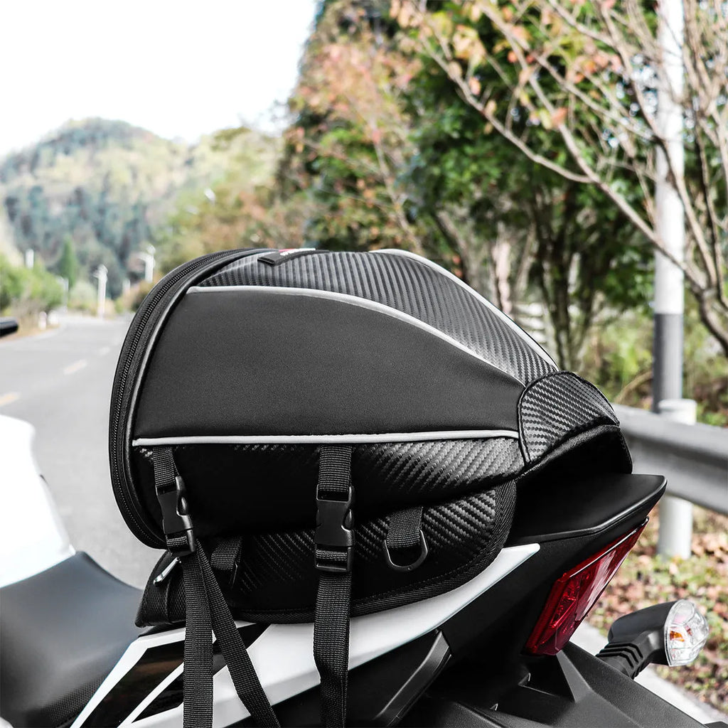 Black motorcycle waterproof crossbody bag with reflective strips and multiple pockets