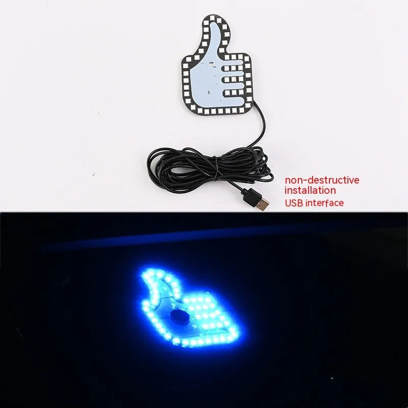 Car USB finger gesture lights showing thumbs-up, OK sign, and scissor hand illuminated designs