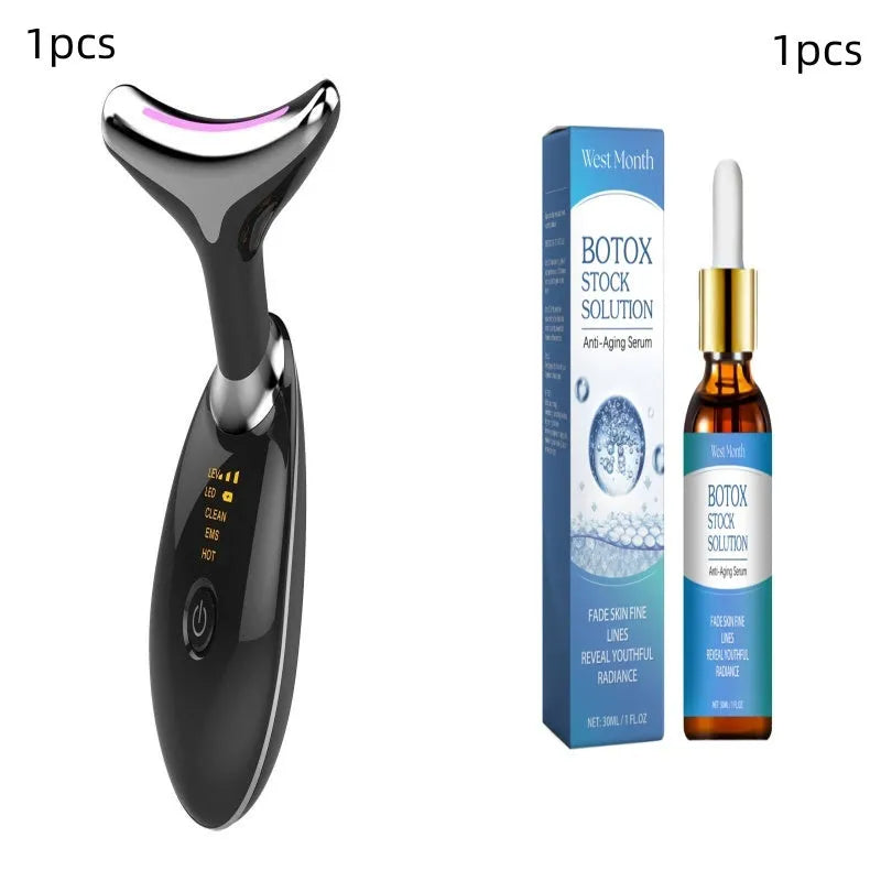 White EMS thermal neck lifting massager device with display screen, shown with USB cable and moisturiser.