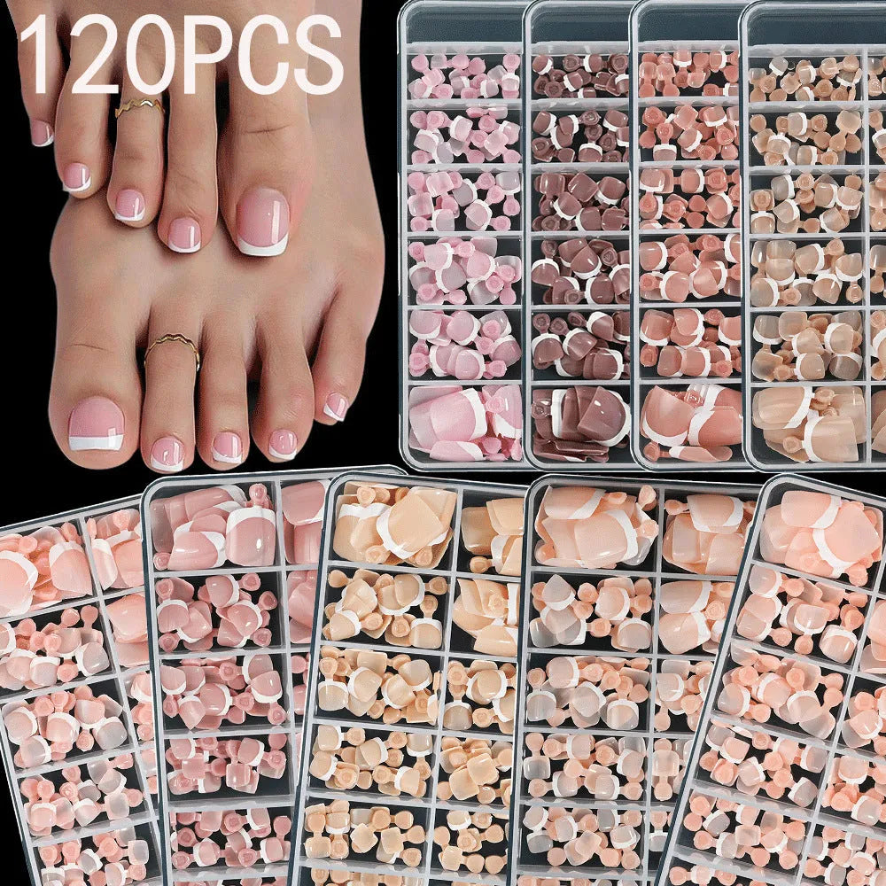 120-piece box of French white edge full square short acrylic nail tips in nine nude colours.
