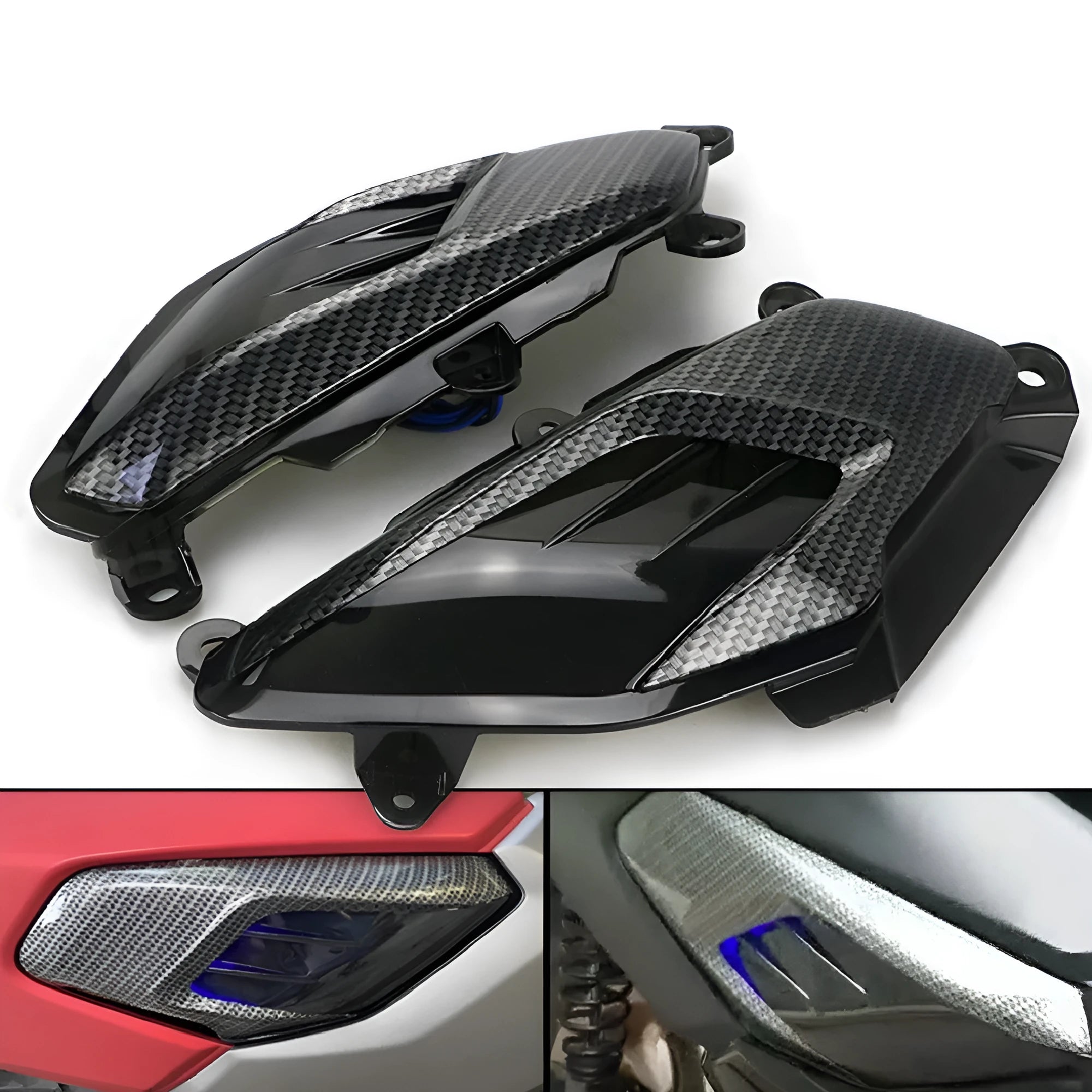 Pair of aftermarket side lamps for Yamaha NMAX motorbike with carbon fibre design and LED light.