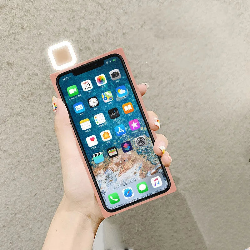 Ring flash mobile phone case with LED light for iPhone 13 in pink, white, or green colour options