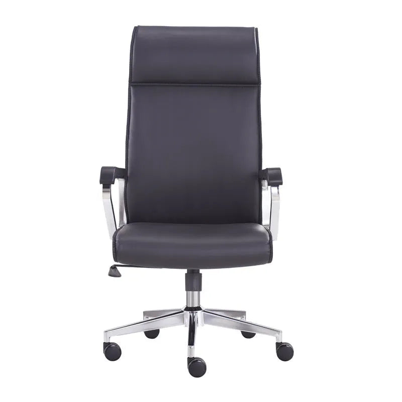Black leather swivel office chair with metal frame, armrests, and 70cm backrest, model ZM-032