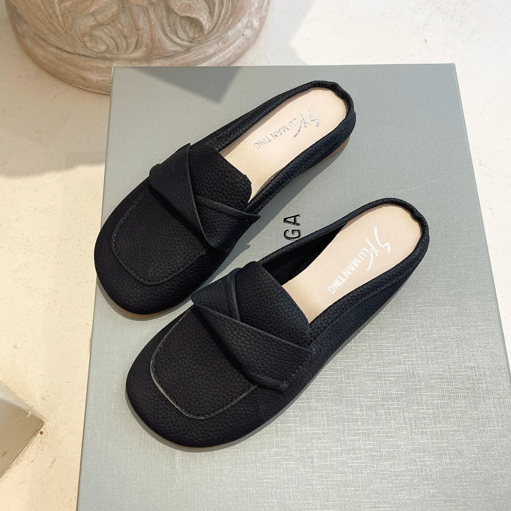 Women's closed toe half slipper loafers in beige, black, or brown with PU upper and rubber sole, sizes 35-40