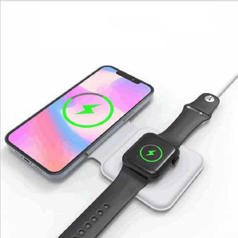 White 2 in 1 magnetic wireless charger with foldable design and dual charging pads