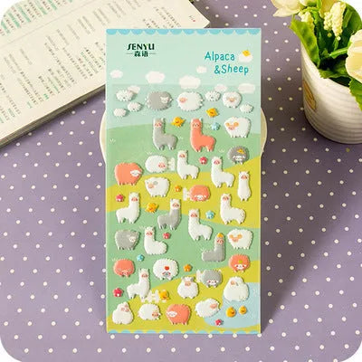 Pack of colourful 3D bubble stickers showing raised cartoon designs of an alpaca, cat, dinosaur, and sweetheart motifs.