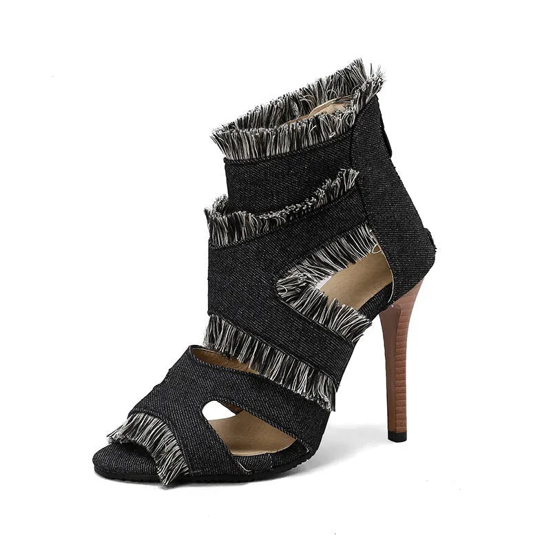 Women's denim plus size high heel sandals in leopard print and plaid patterns, showing extended sizing options.