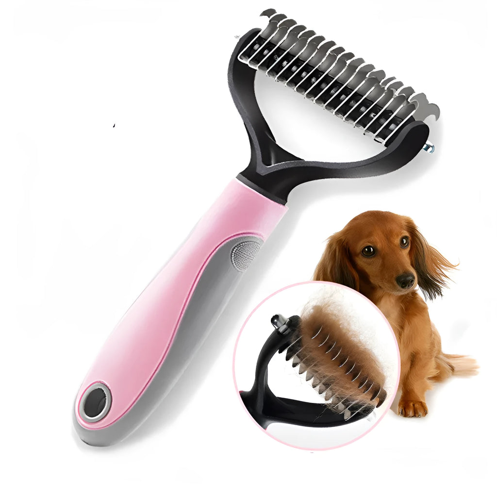 Pet long-haired dog knot comb double-sided blade dematting tool with stainless steel needles ABS TPR handle blue and pink colour options