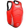 Boxing chest protector made of PU leather with EVA liner, in black, with straps and padding.