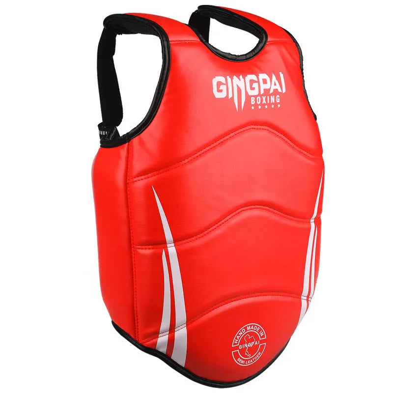 Boxing chest protector made of PU leather with EVA liner, in black, with straps and padding.