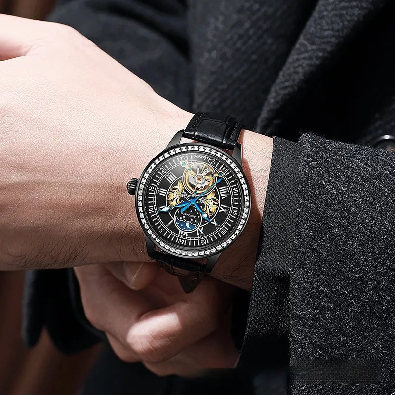 Men's stainless steel mechanical watch with a round dial, mineral glass, and a butterfly clasp, shown on wrist.