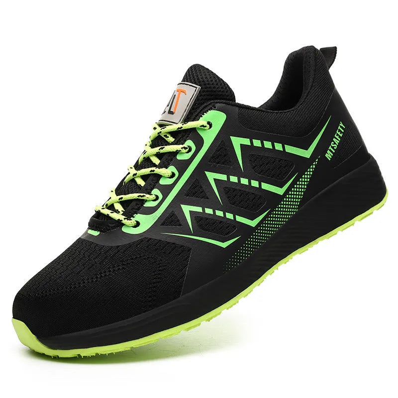 Black ultra-light labour protection shoes with steel toe caps and front lace-up design