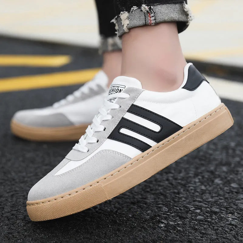 Men's cotton cloth casual sneakers board shoes round toe lace-up in white and black colour